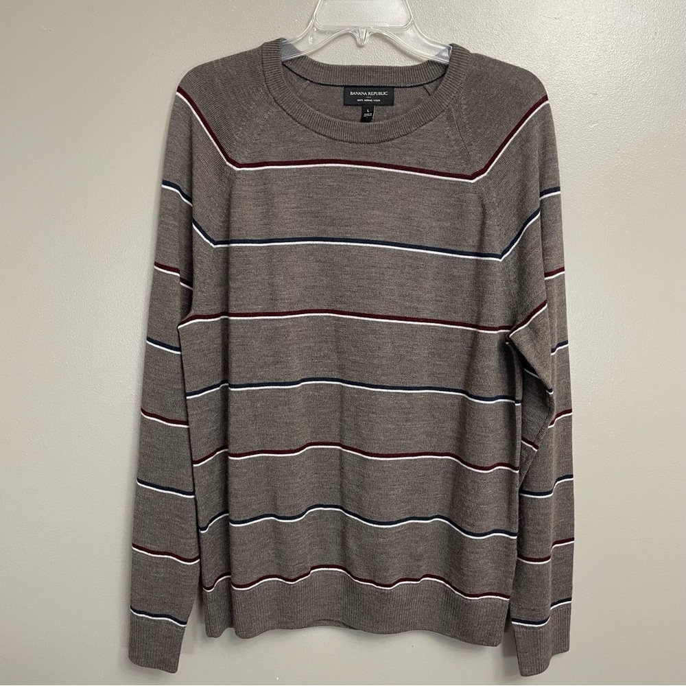 Banana Republic Merino Wool Sweater Mens L brown maroon Stripe Thin Crew Neck